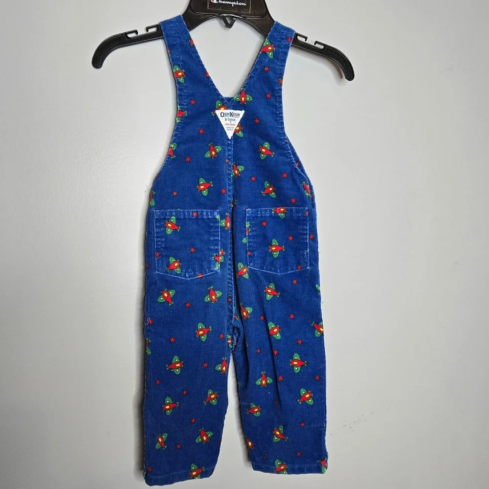 Vtg OshKosh B'gosh Blue Corduroy Airplane Star Print Overalls Kids 24‎ Months